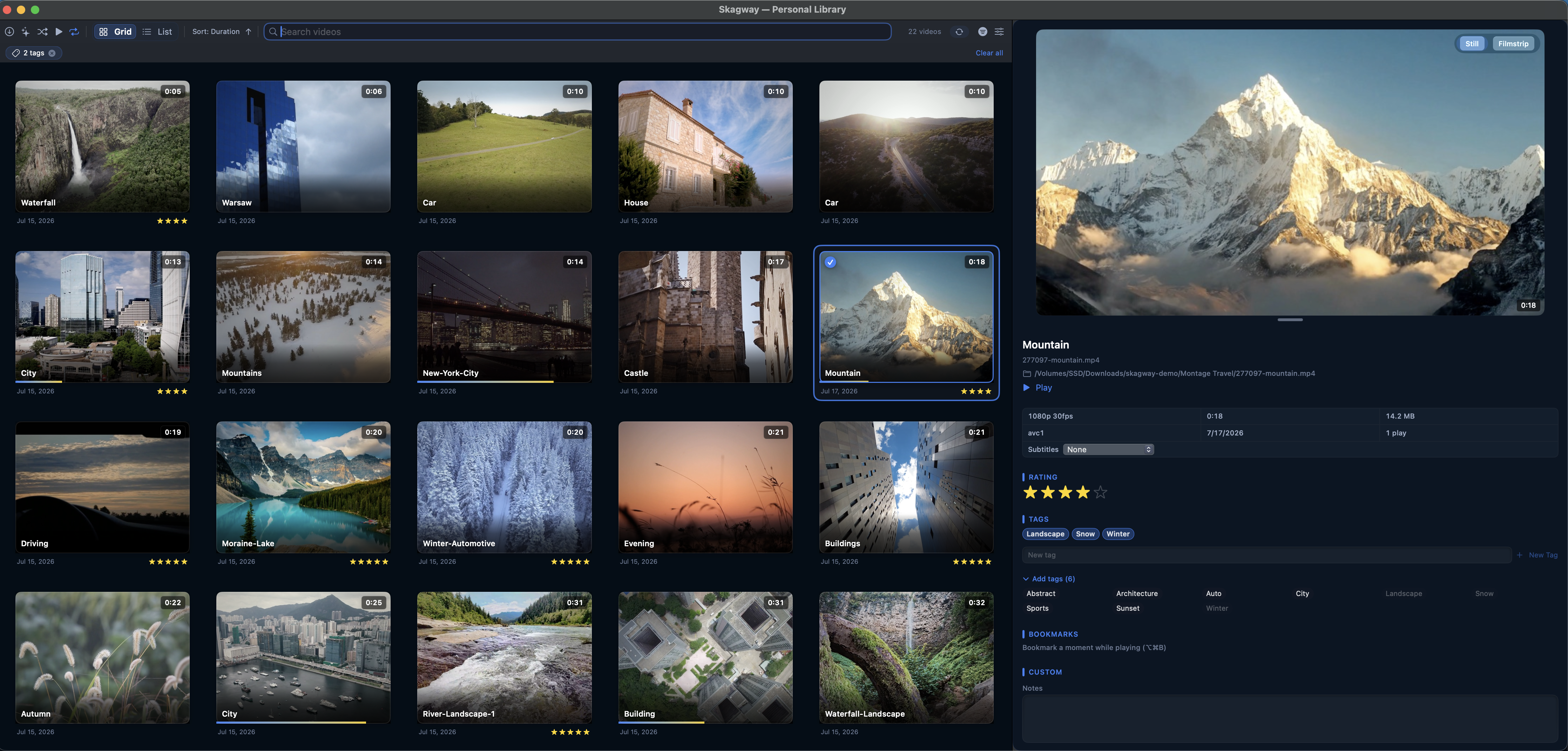 Skagway grid view showing a large video library with thumbnails, durations, and ratings