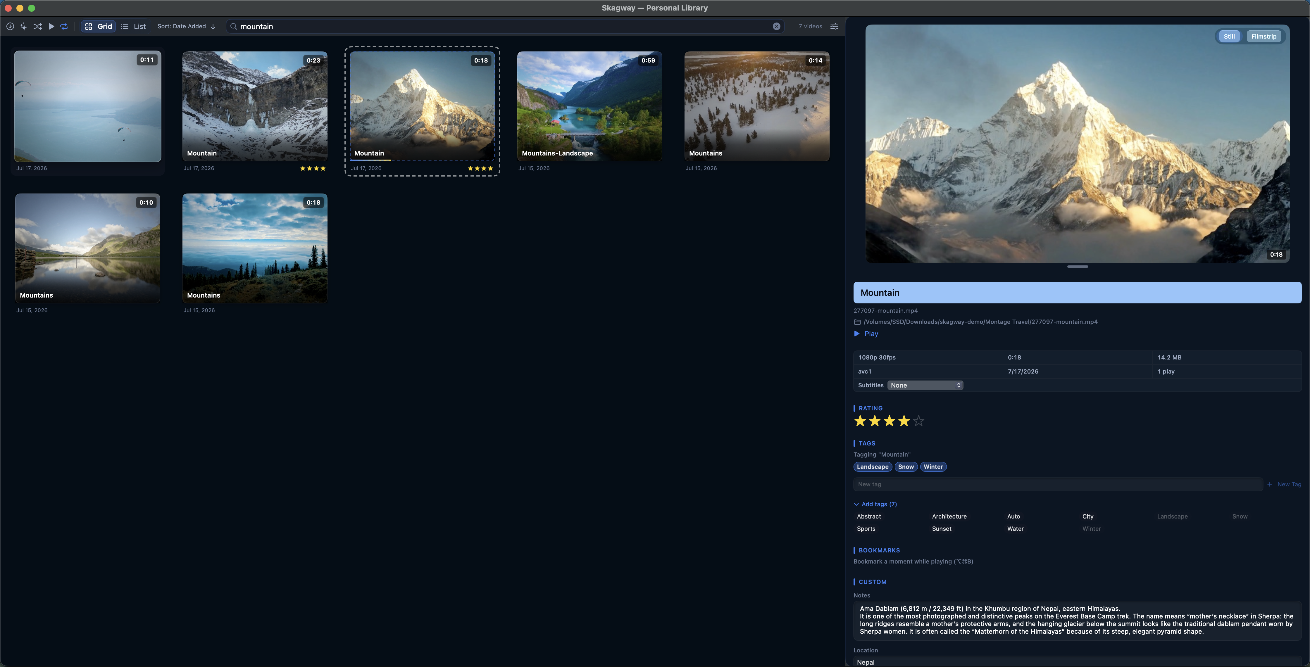 Skagway grid view with the toolbar: view switcher, sort menu, Play All, and Search videos field