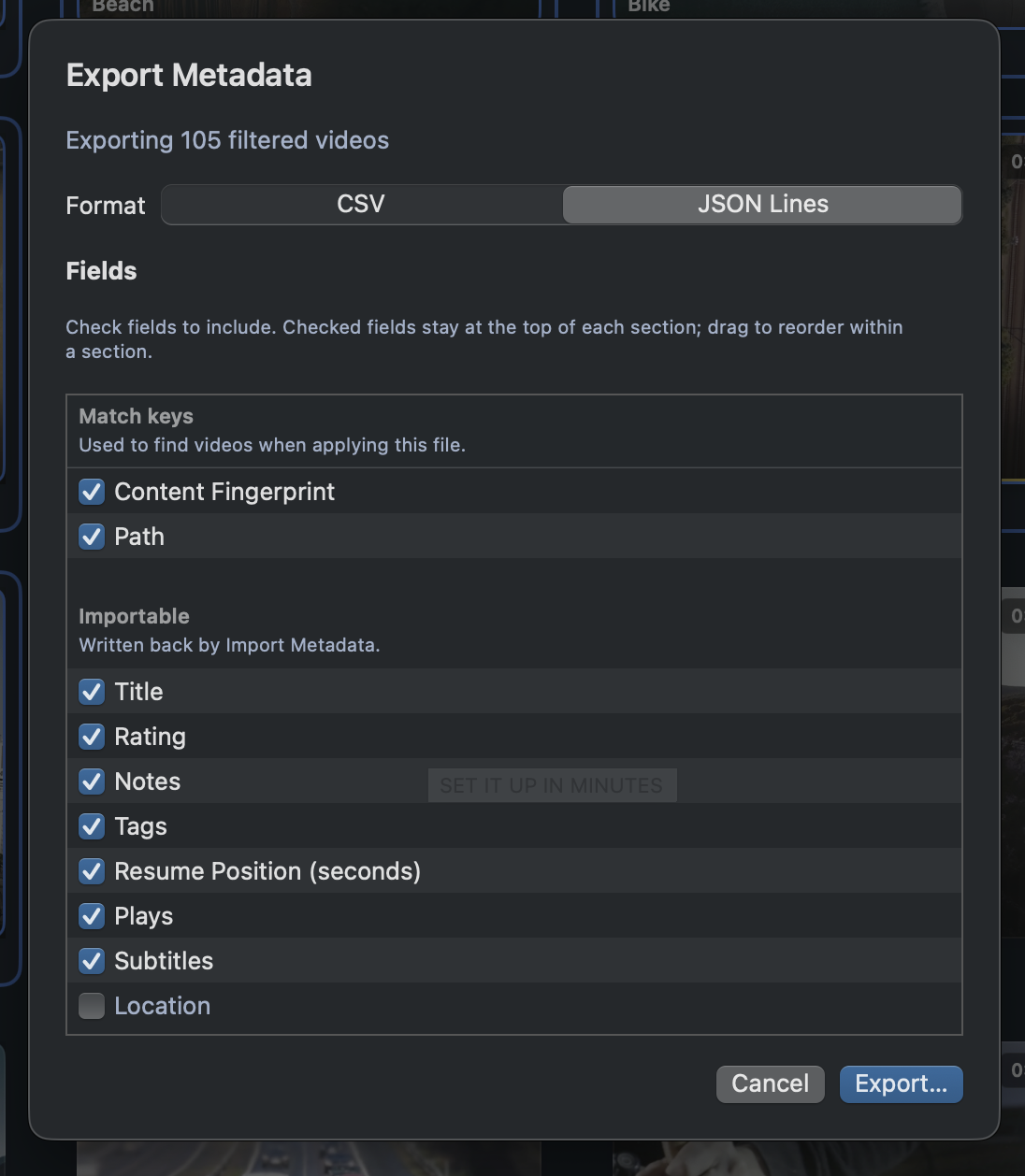 Skagway Export Metadata sheet with CSV / JSON Lines and the Match keys, Importable, and Export only field sections