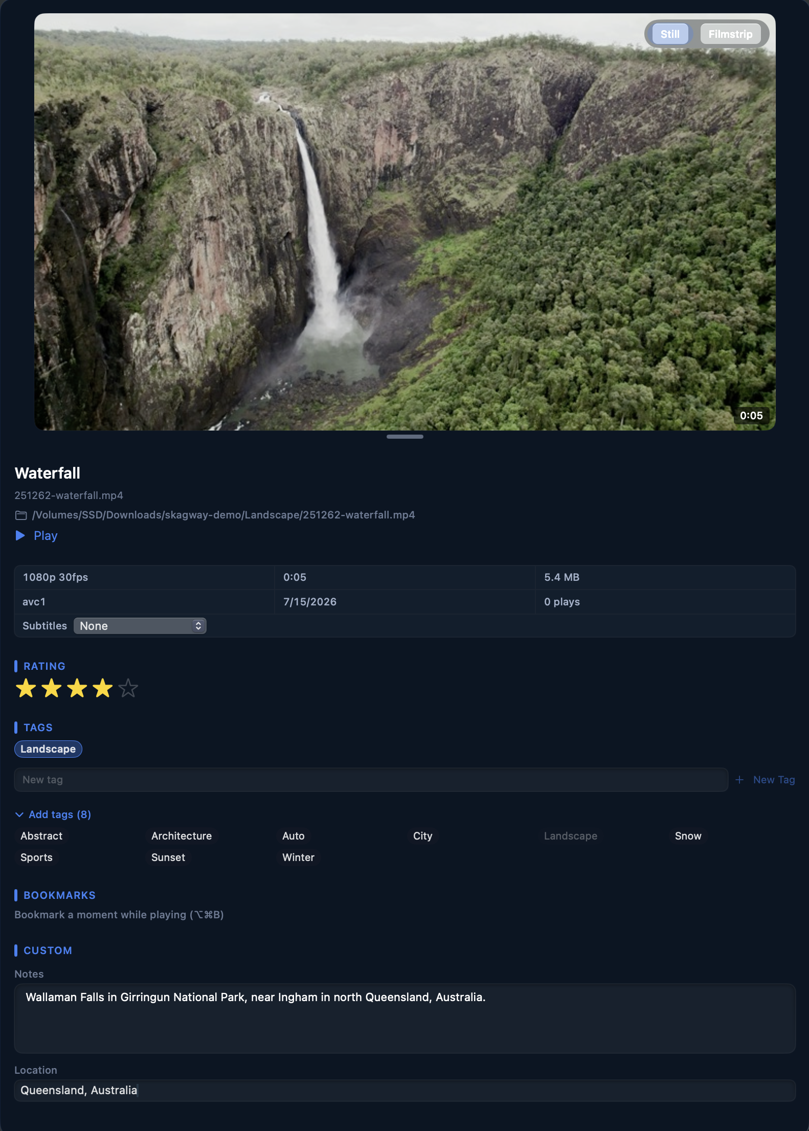 Skagway Inspector with rating stars, assigned tags, the Add tags list, and custom fields