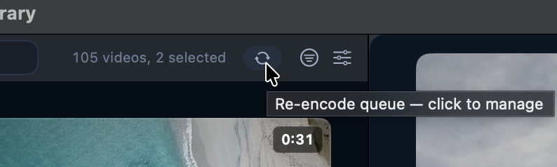 Skagway header re-encode pill next to the video count