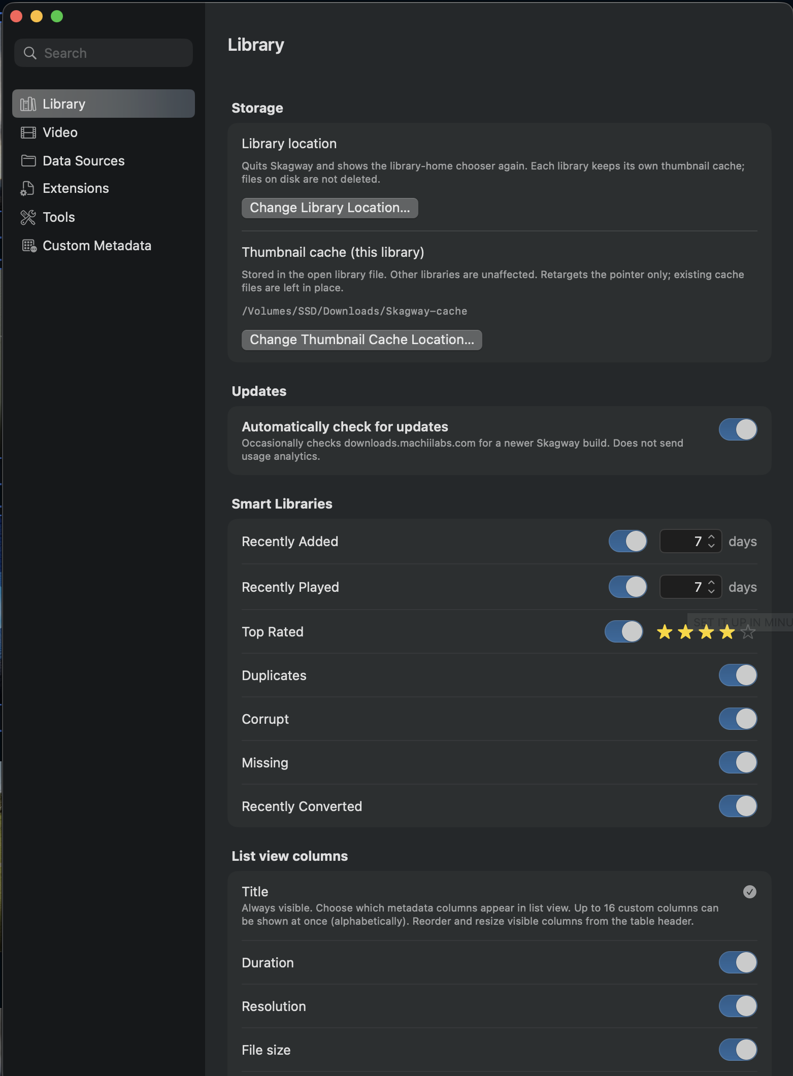 Skagway Settings window on the Library tab